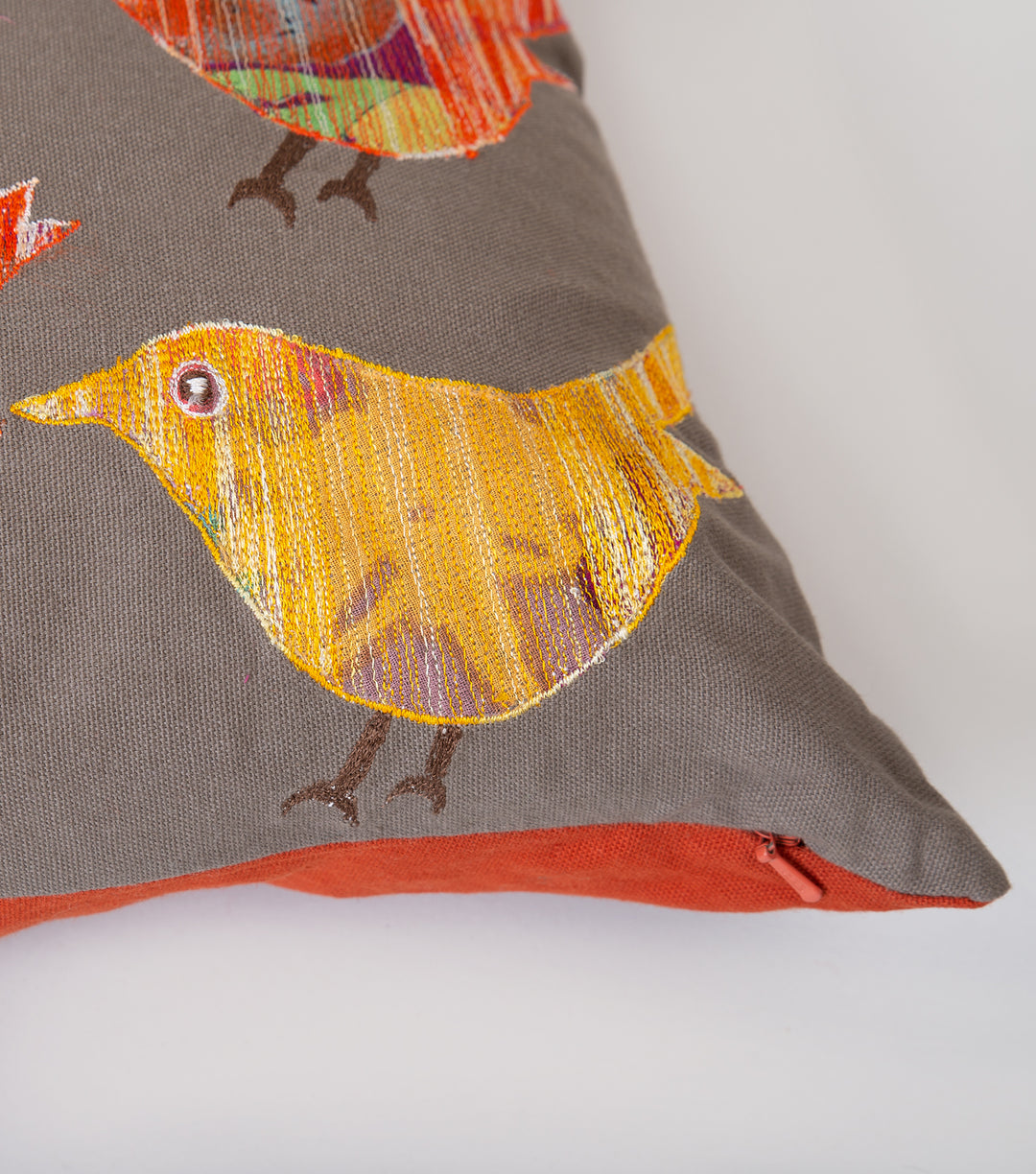 Grey Bird Embroidered Cotton Cushion Cover