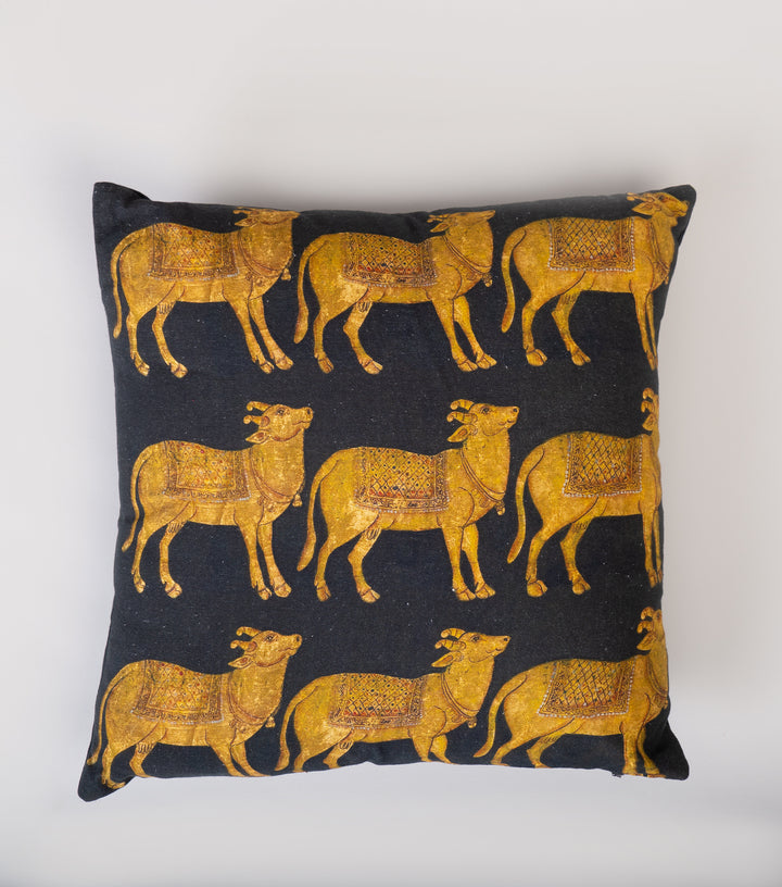 Black Yellow Cow Printed Cotton Cushion Cover