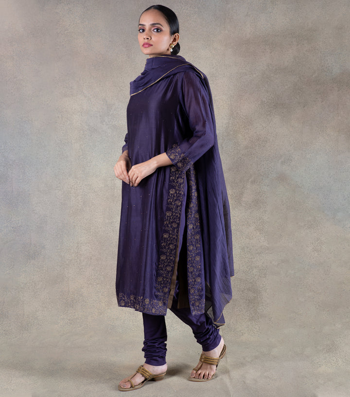 Purple Chanderi Embroidered Suit Set