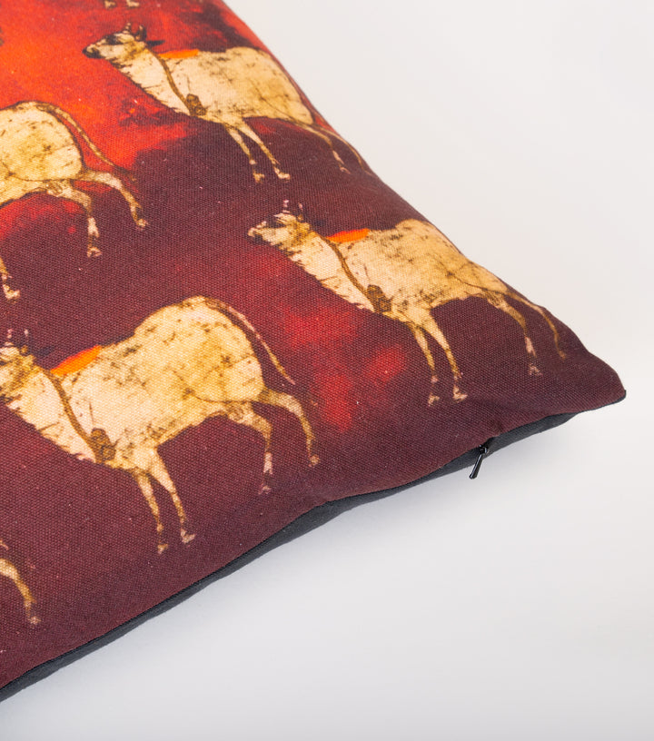 Red Beige Cow Printed Cotton Cushion Cover