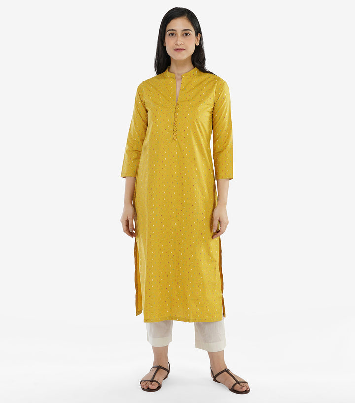 Mustard printed cotton kurta