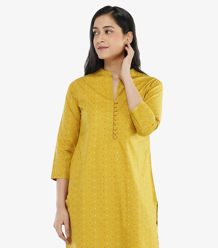 Mustard printed cotton kurta