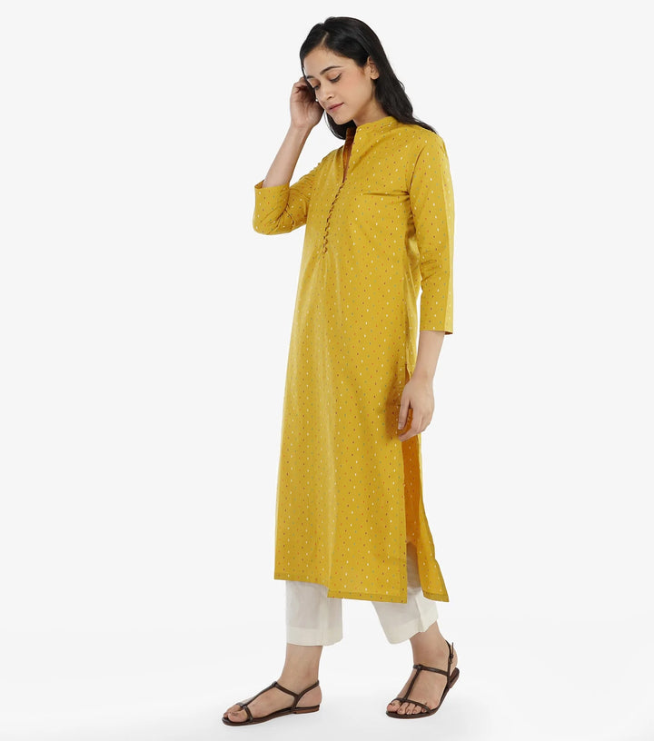 Mustard printed cotton kurta