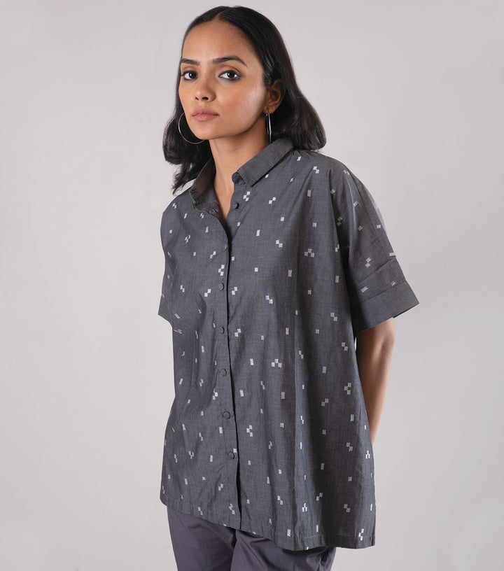 Grey Cotton Embroidered Shirt