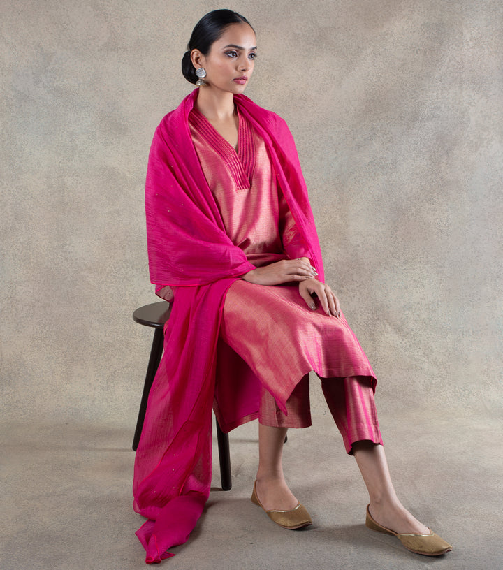 Pink Brocade Kurta with Pants and Chanderi Dupatta Set