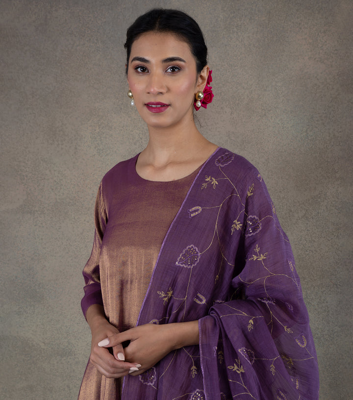 Purple Embroidered Chanderi Dupatta