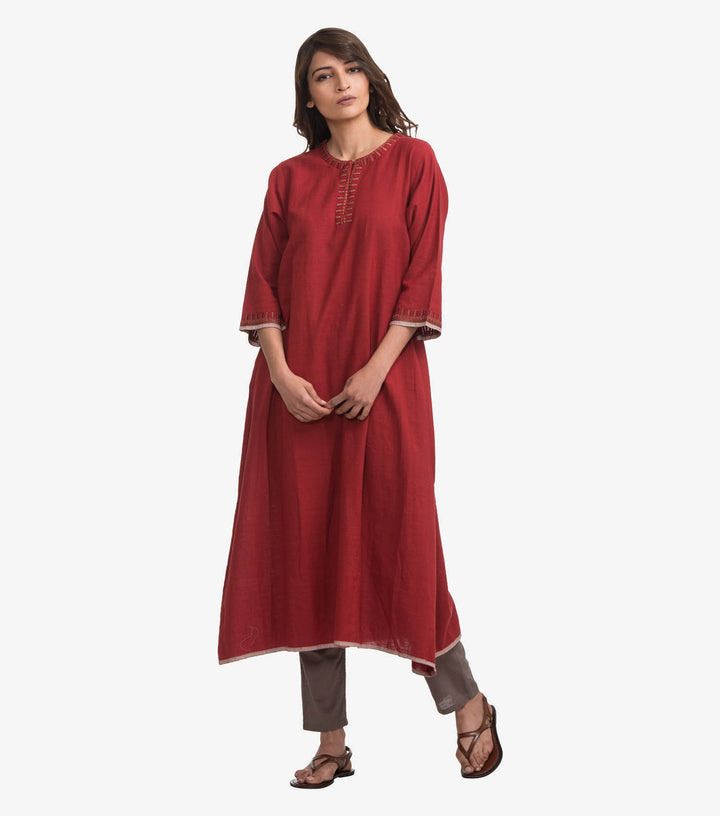 Red embroidered khadi kurta