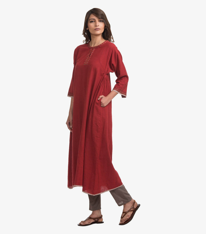 Red embroidered khadi kurta