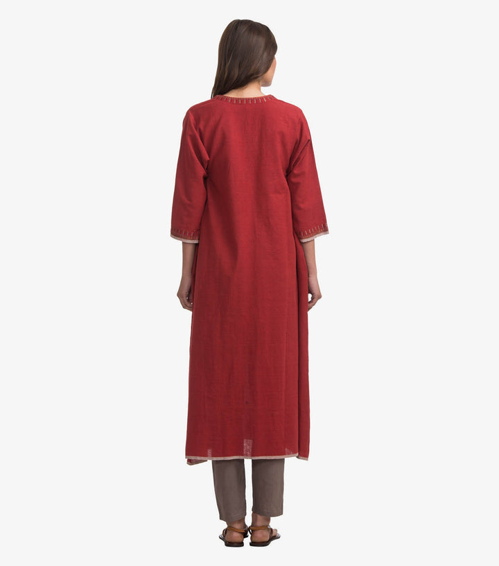 Red embroidered khadi kurta