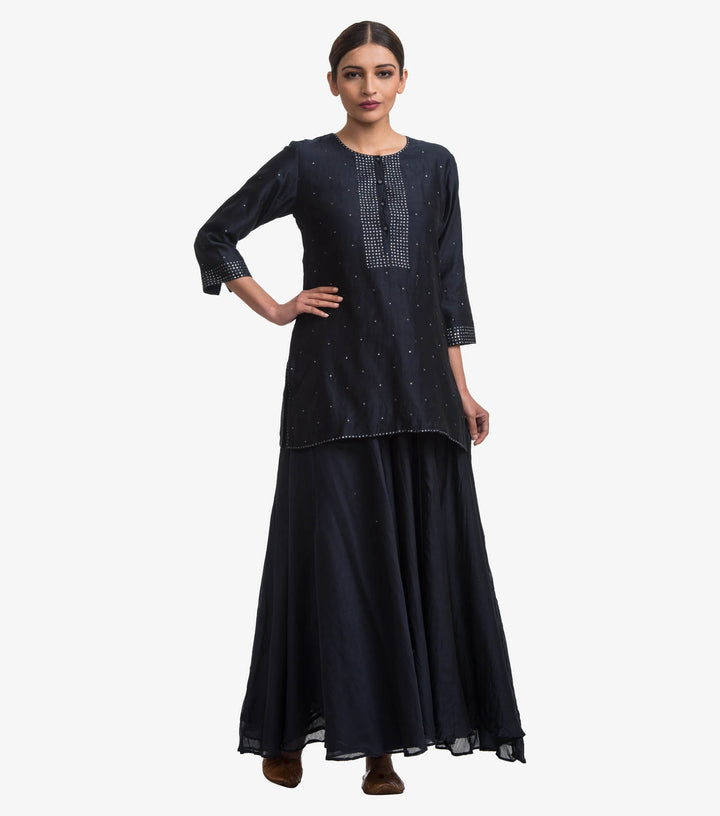 Navy Blue Chanderi Mirror Work Skirt set