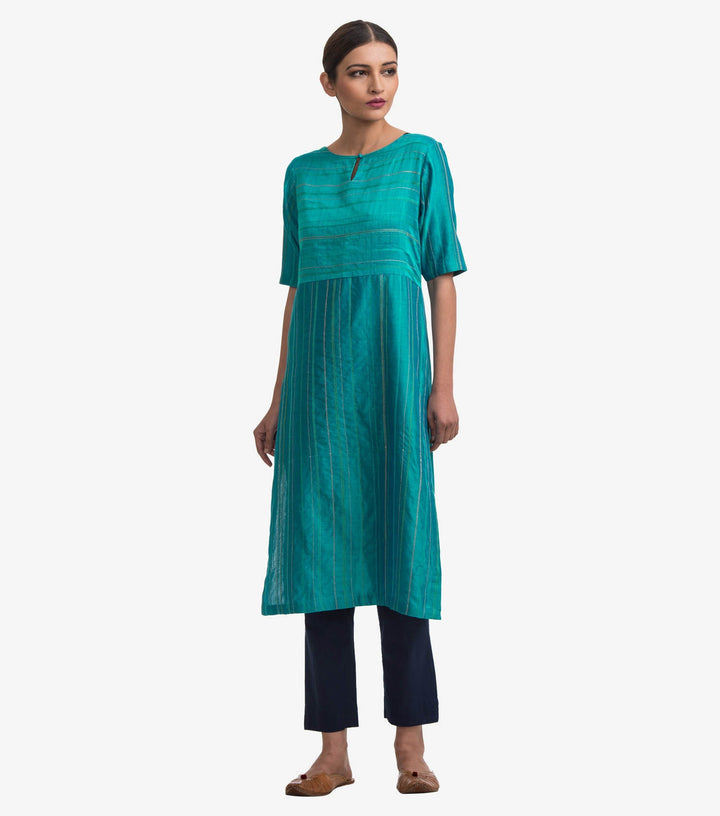 Blue Embroidered Chanderi Kurta & Cotton Pants Set