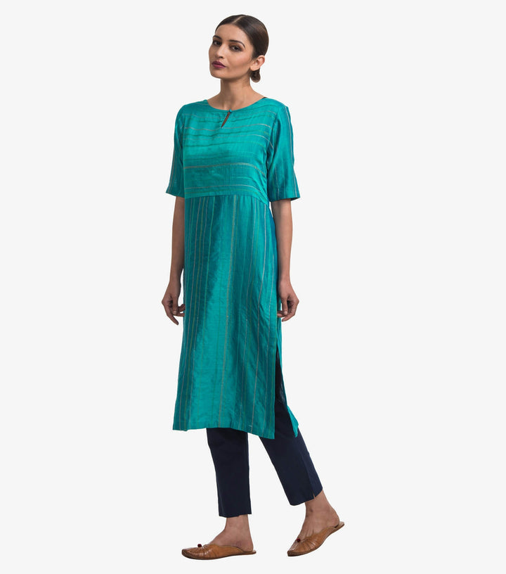 Blue Embroidered Chanderi Kurta & Cotton Pants Set