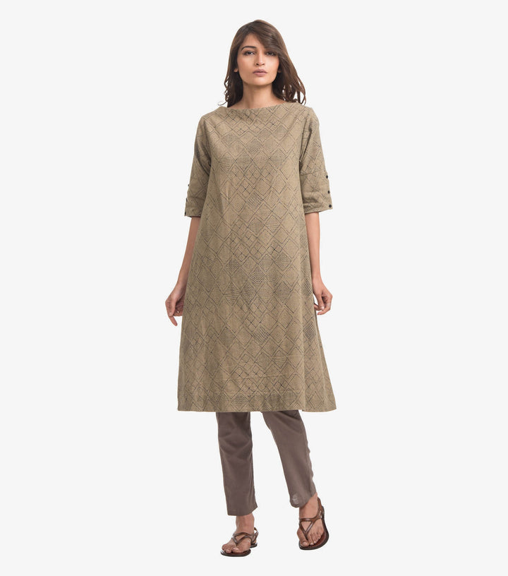 Beige printed khadi kurta