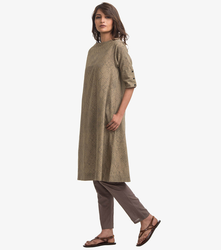 Beige printed khadi kurta