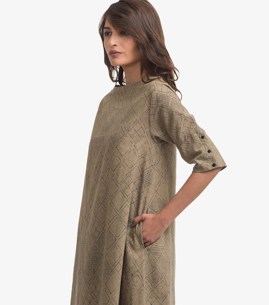 Beige printed khadi kurta