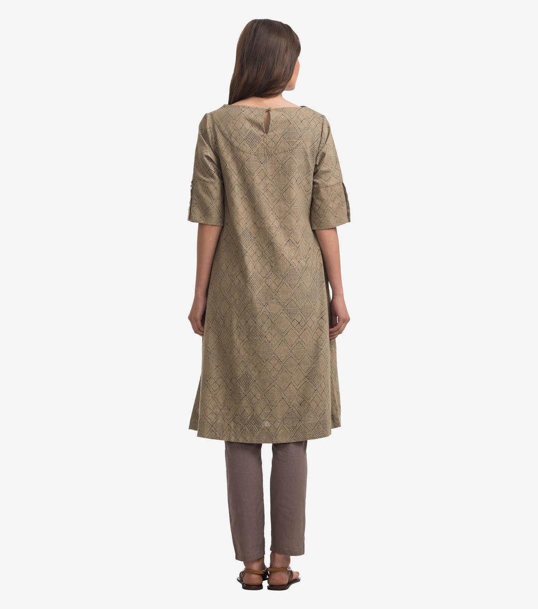 Beige printed khadi kurta