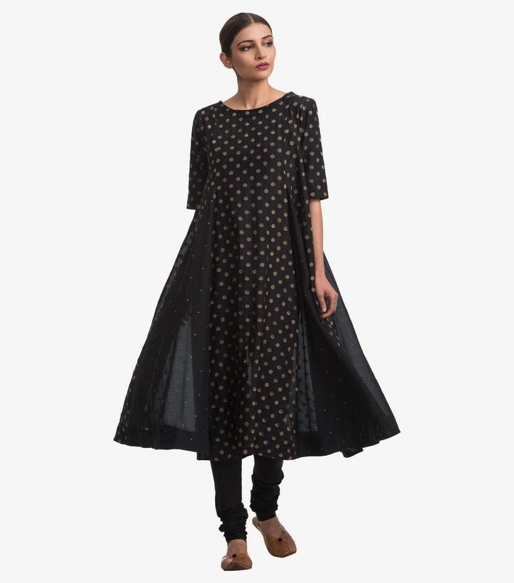 Black Embroidered Cotton Silk A-Line Kurta