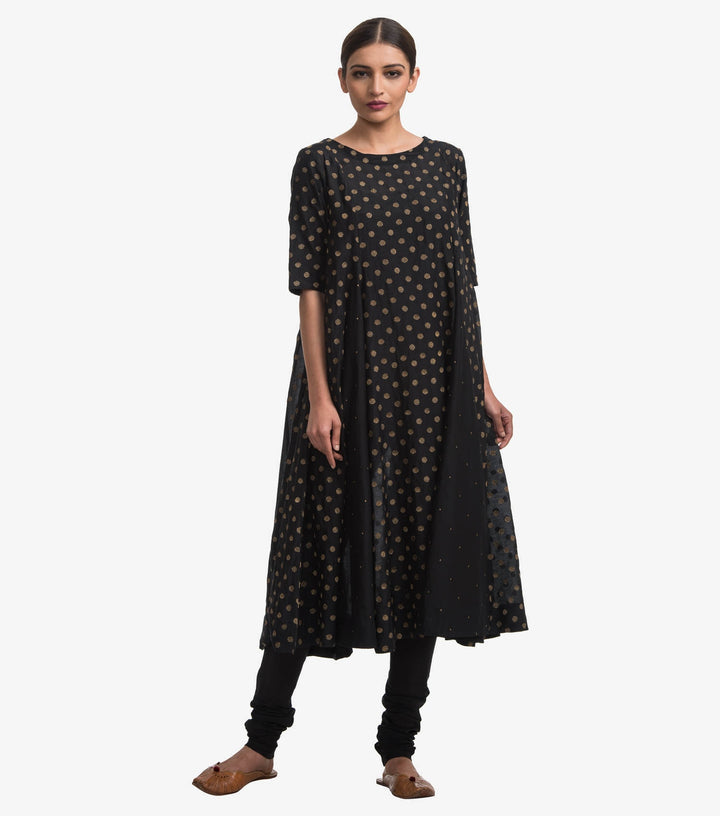 Black Embroidered Cotton Silk A-Line Kurta