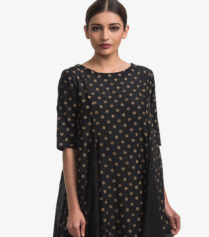 Black Embroidered Cotton Silk A-Line Kurta