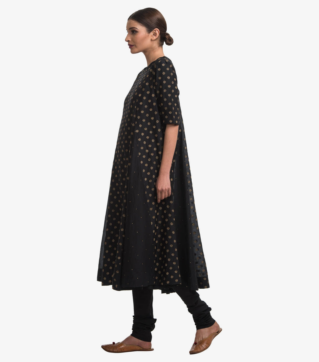 Black Embroidered Cotton Silk A-Line Kurta