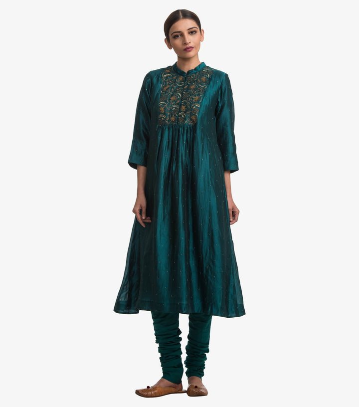 Emerald green silk kurta & churidaar set