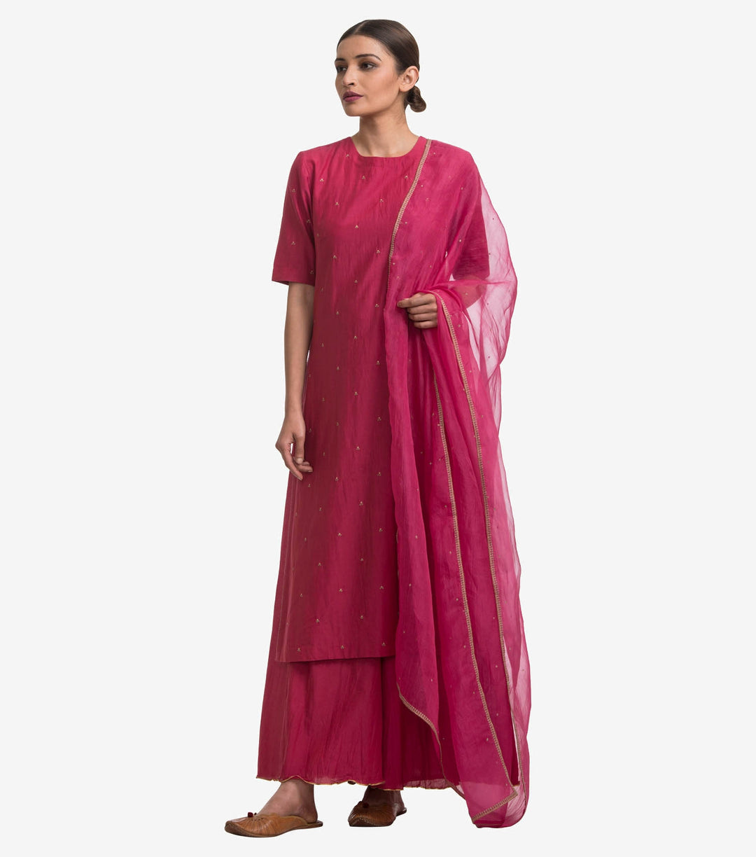 Hot Pink Embroidered Chanderi Kurta & Gharara with Dupatta Set