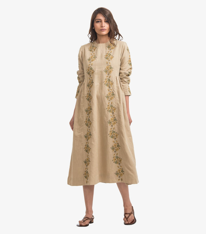 Beige embroidered linen dress