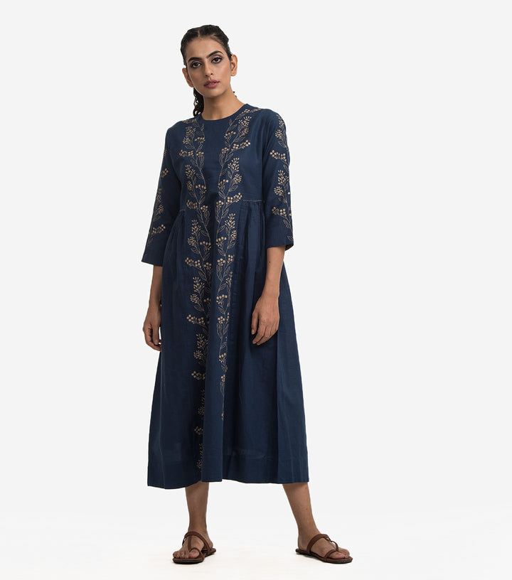 Navy embroidered linen dress