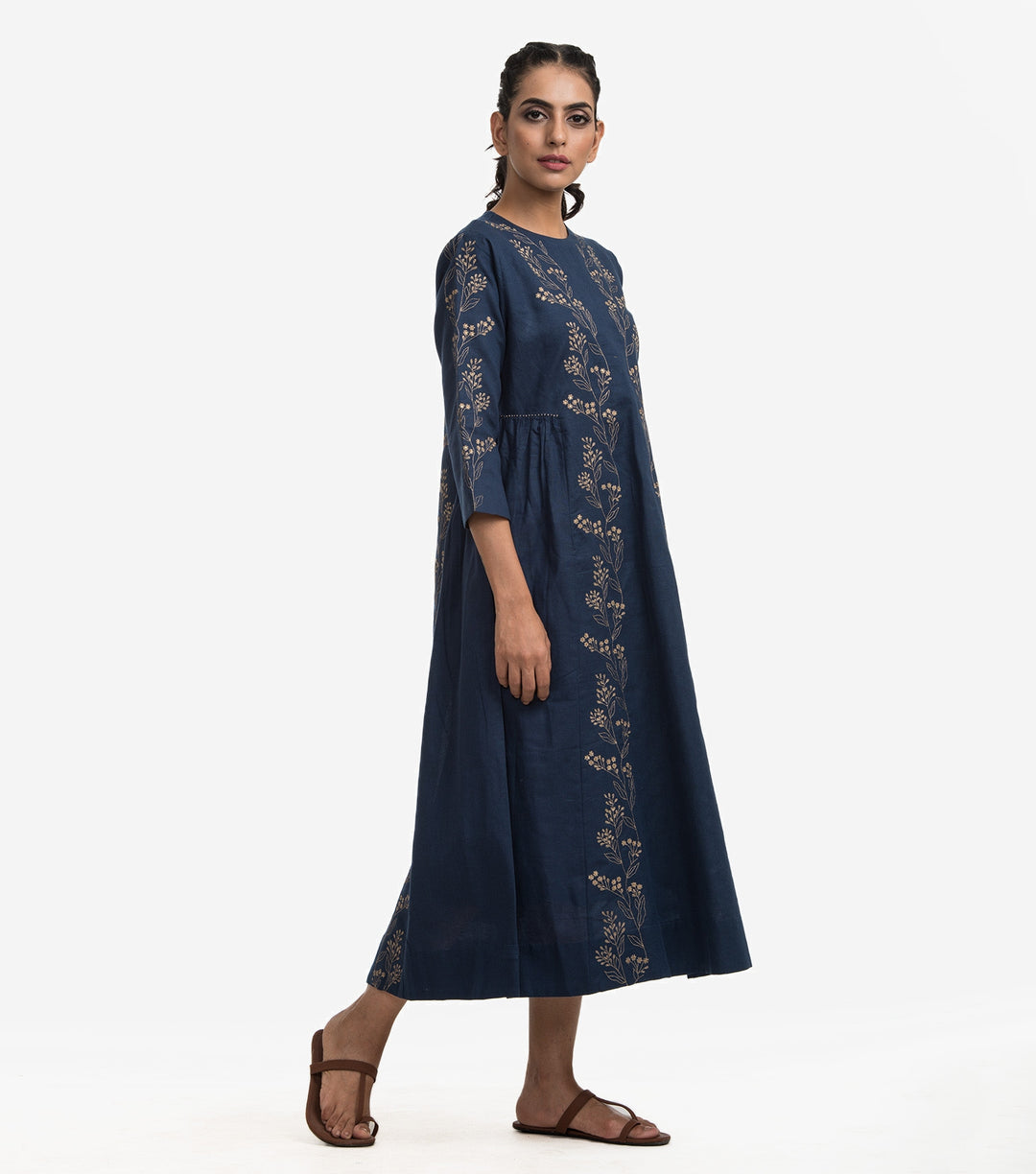 Navy embroidered linen dress