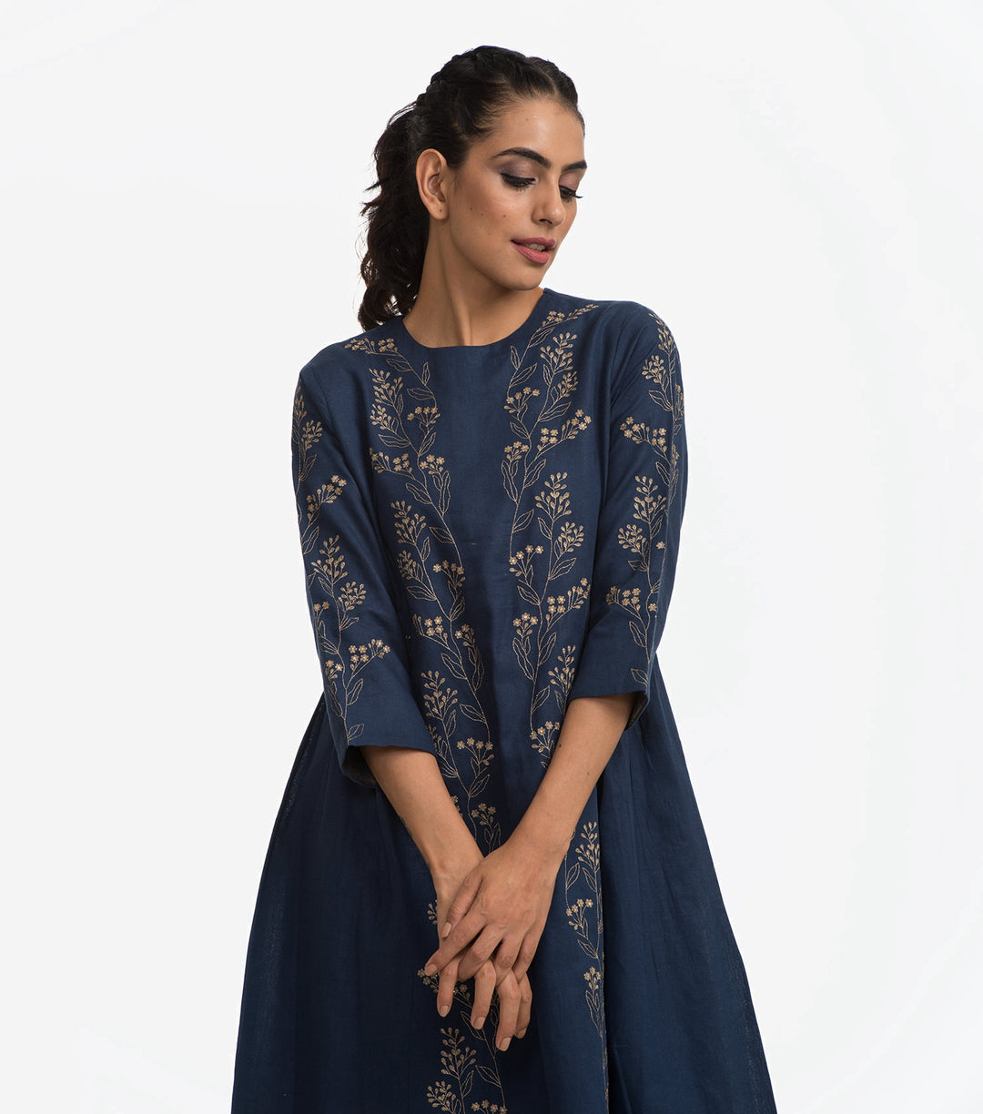 Navy embroidered linen dress