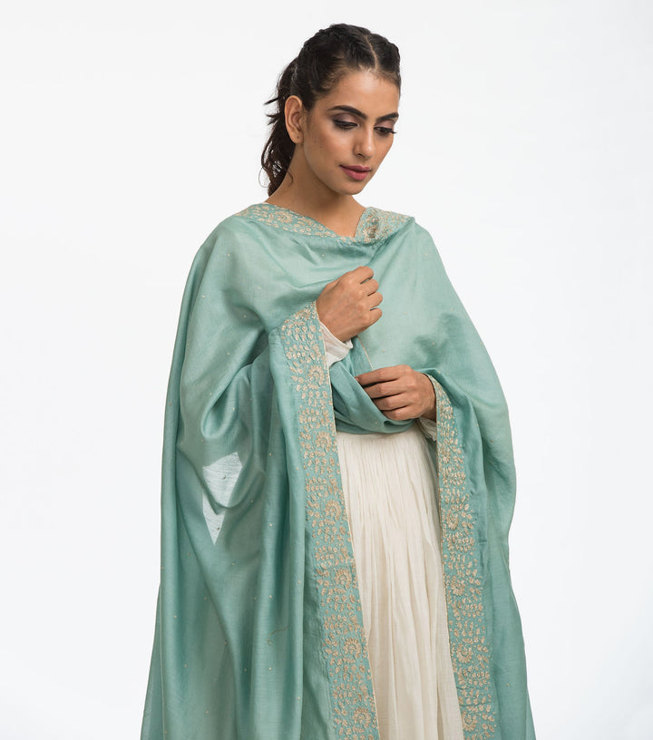 Sea Green embroidered chanderi dupatta