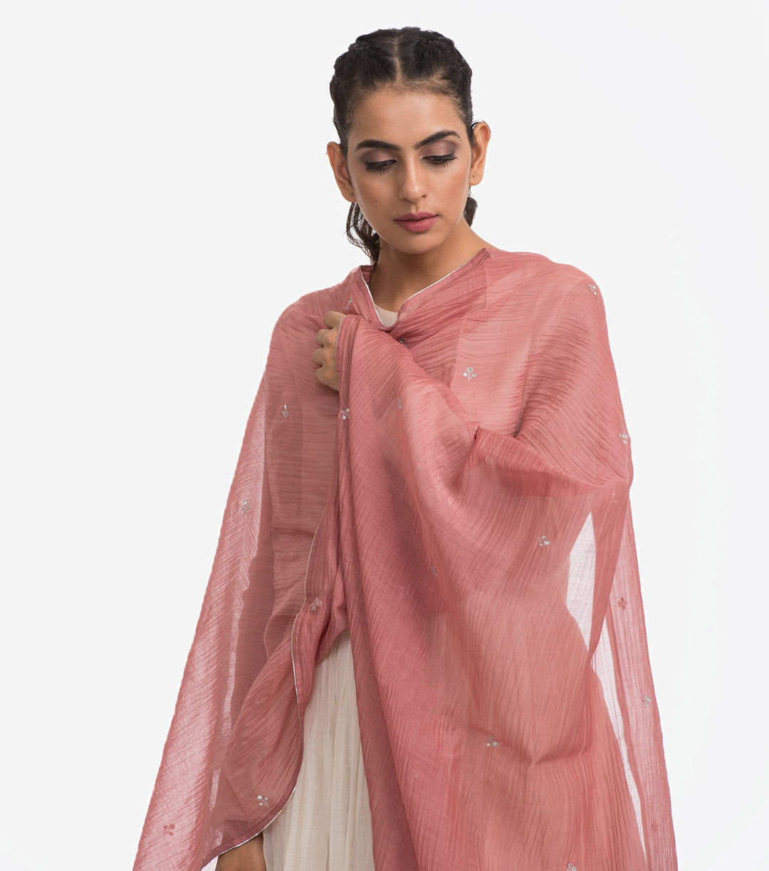 Pink embroidered chanderi dupatta