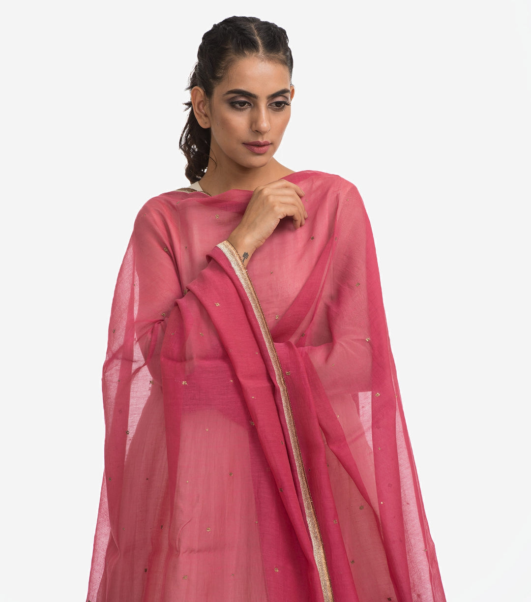 Magenta Cotton silk embroidered dupatta