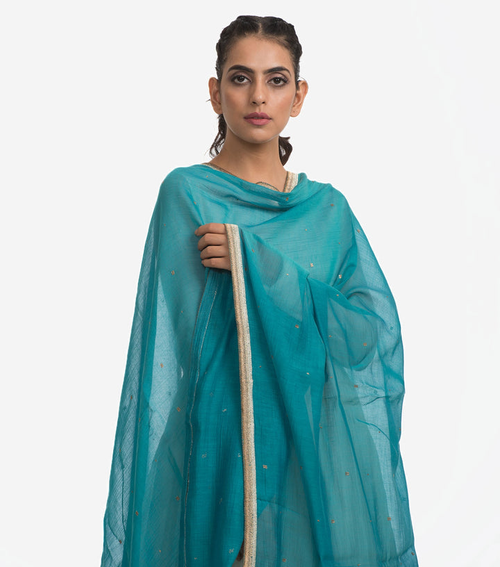 Teal Cotton silk embroidered dupatta