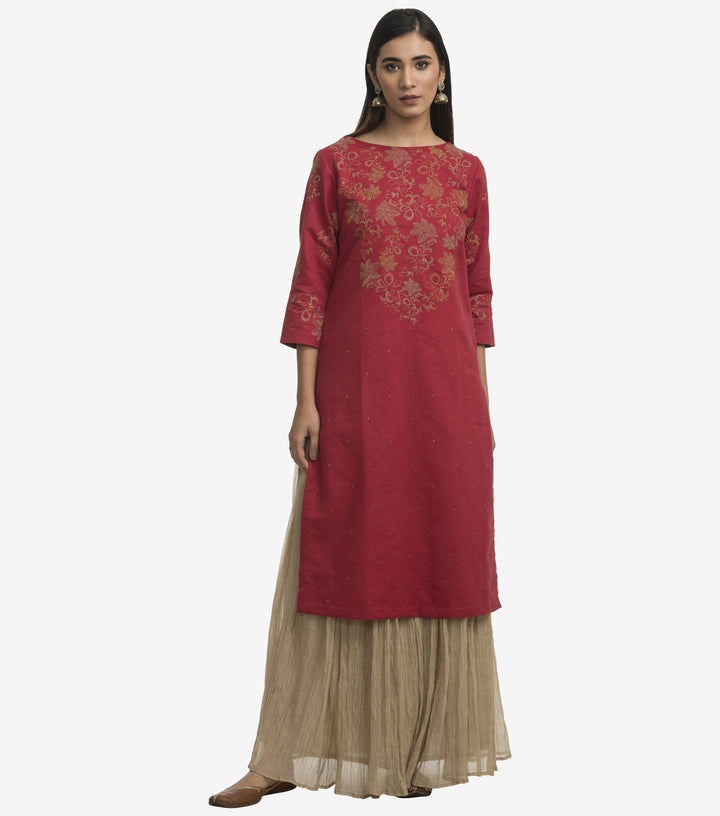 Red embroidered cotton linen kurta