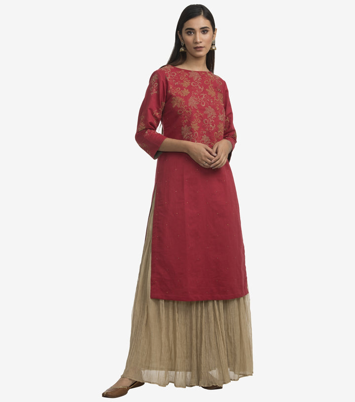 Red embroidered cotton linen kurta