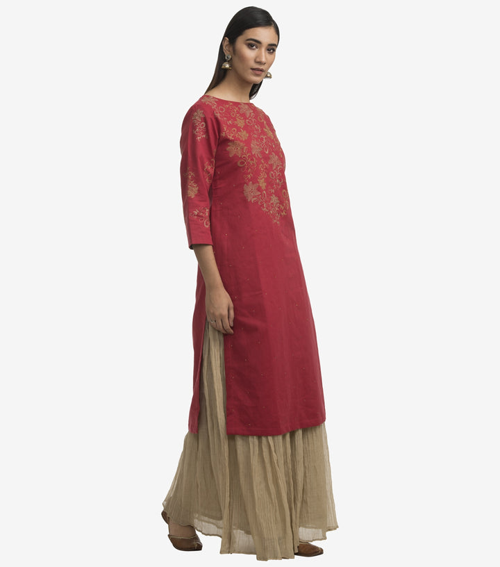 Red embroidered cotton linen kurta