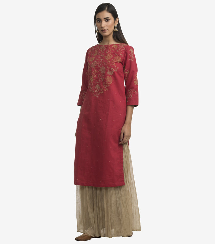 Red embroidered cotton linen kurta