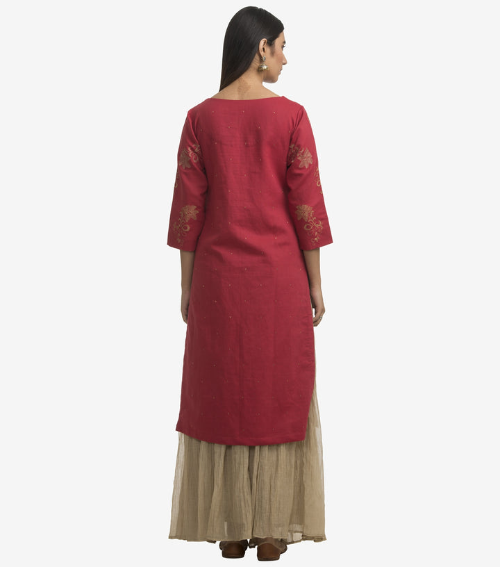 Red embroidered cotton linen kurta