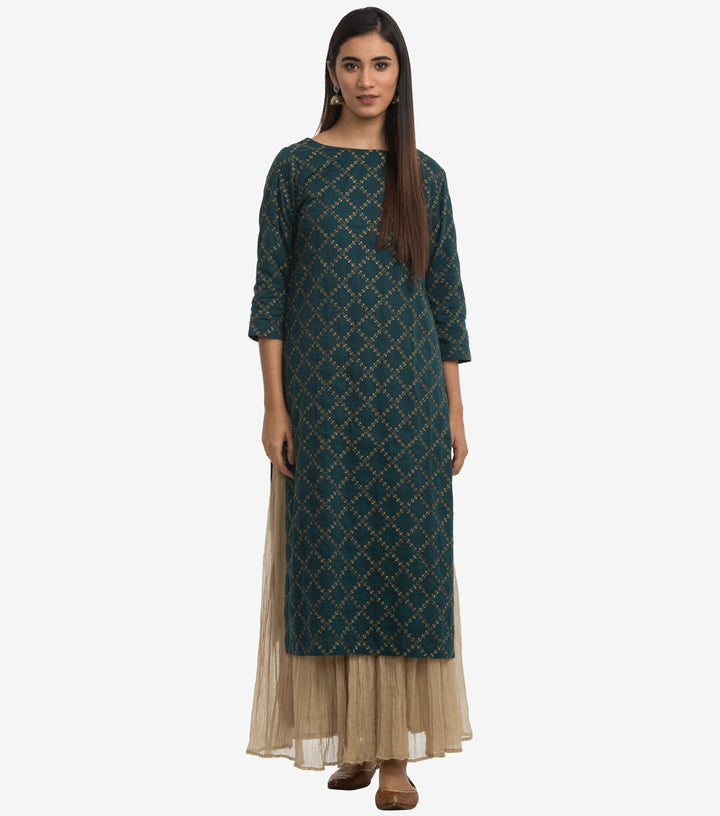 Dark green linen cotton embroidered kurta