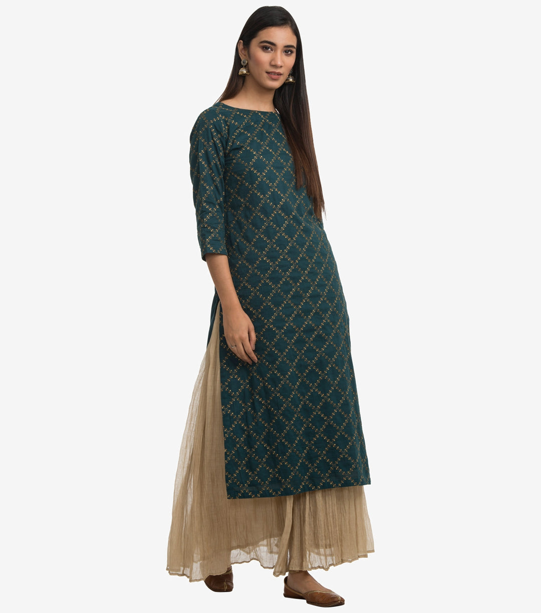 Dark green linen cotton embroidered kurta