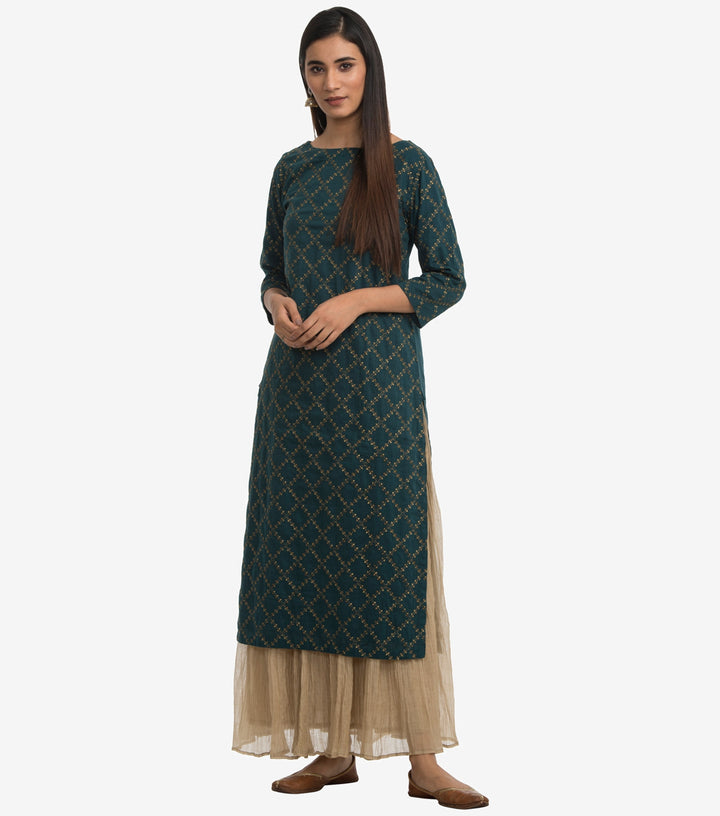 Dark green linen cotton embroidered kurta