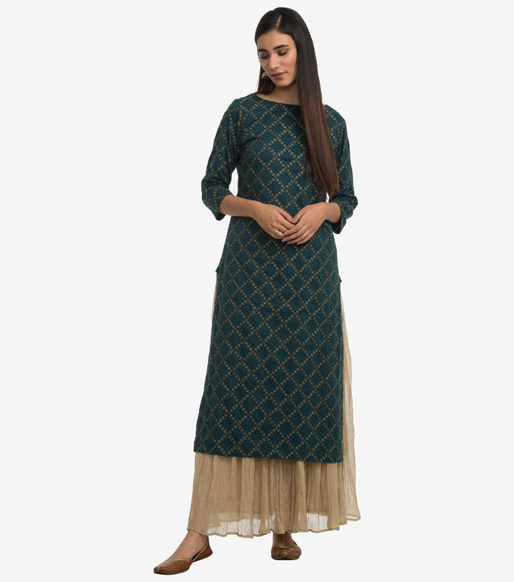 Dark green linen cotton embroidered kurta