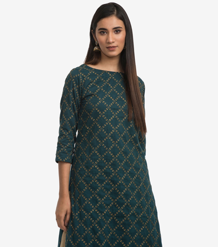 Dark green linen cotton embroidered kurta