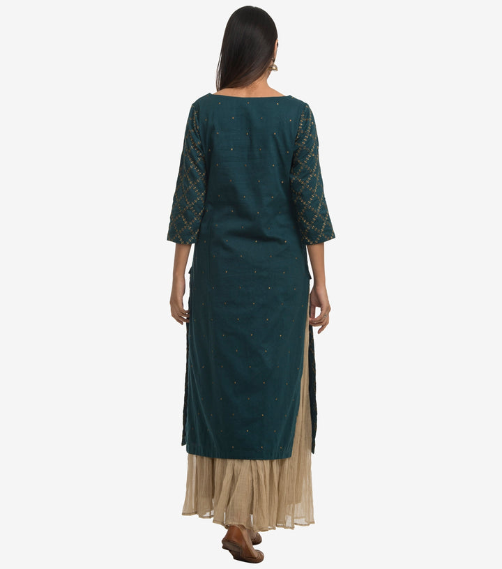 Dark green linen cotton embroidered kurta