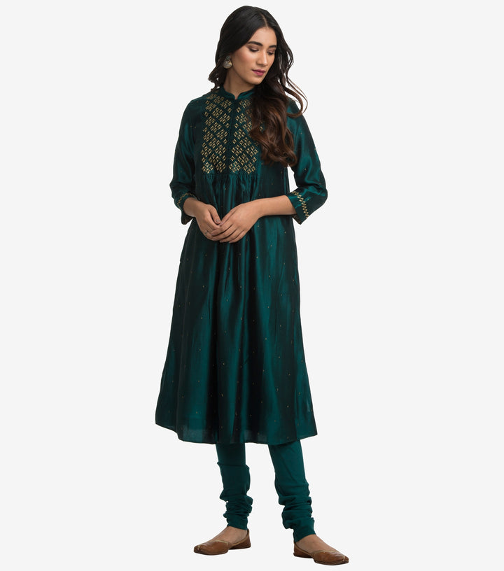 Emerald Green Dupion Silk Kurta & Cotton Churidaar Set