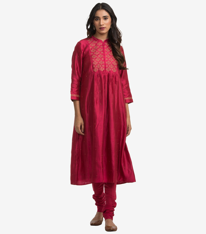 Magenta Dupion Silk Kurta & Cotton Churidaar Set