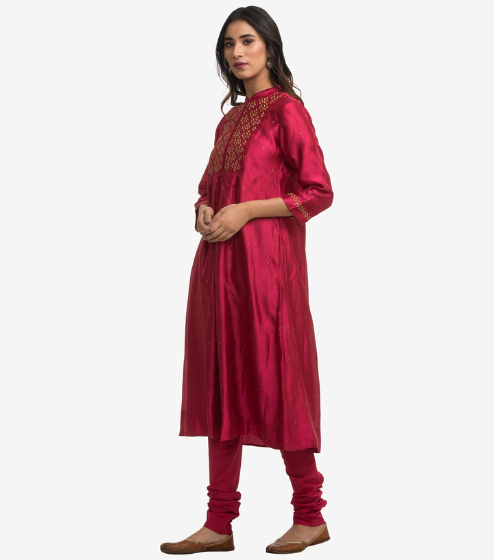 Magenta Dupion Silk Kurta & Cotton Churidaar Set