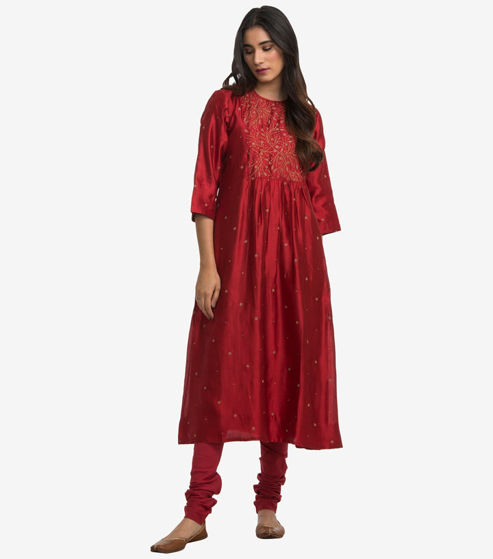 Maroon Dupion Silk Kurta & Cotton Churidaar Set