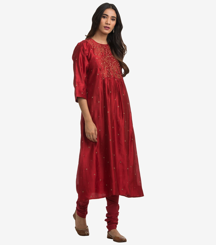 Maroon Dupion Silk Kurta & Cotton Churidaar Set